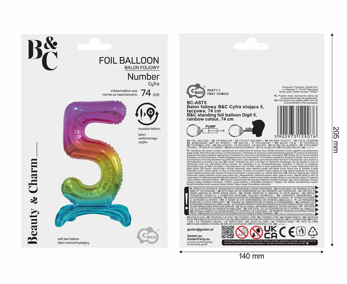 B&C standing foil balloon Digit 5, rainbow colour, 74 cm